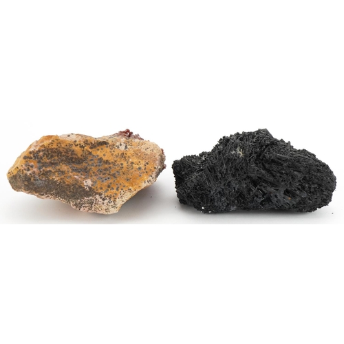 252 - Two geology interest natural history specimens on stands comprising black tourmaline and vanadinite,... 