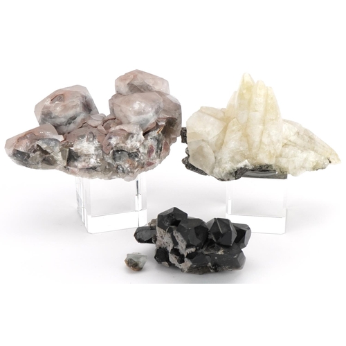 255 - Three geology interest natural history mineral specimens including amethyst and quartz, the largest ... 