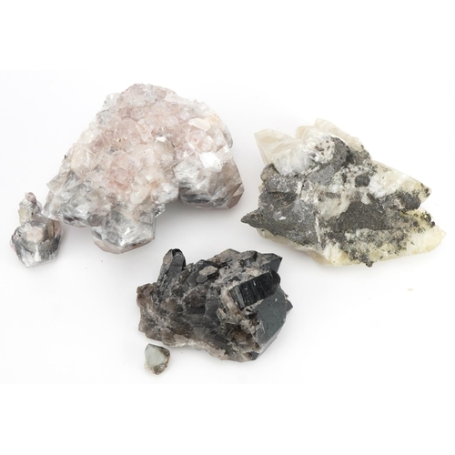 255 - Three geology interest natural history mineral specimens including amethyst and quartz, the largest ... 