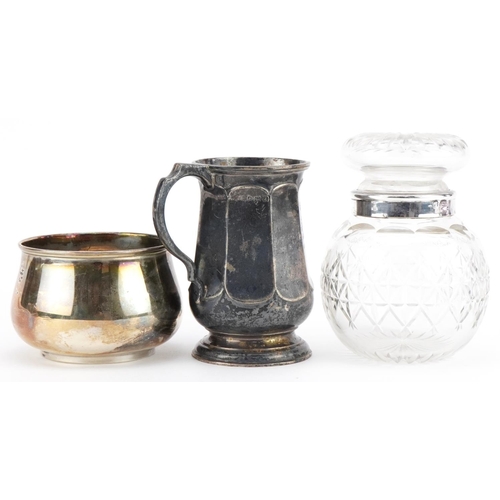 241 - George V silver baby show trophy tankard and sugar bowl dated 1930 and a cut glass jar and cover wit... 