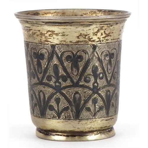 195 - Russian silver gilt niello work vodka cup, indistinct maker's mark 1839, 5.5cm high, 54.8g