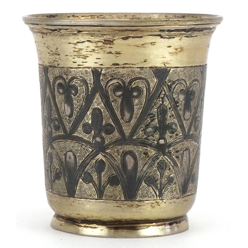 195 - Russian silver gilt niello work vodka cup, indistinct maker's mark 1839, 5.5cm high, 54.8g