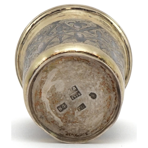 195 - Russian silver gilt niello work vodka cup, indistinct maker's mark 1839, 5.5cm high, 54.8g