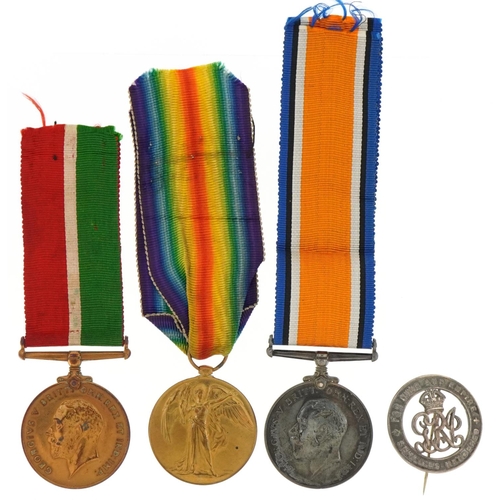 572 - British military World War I three medal group comprising pair awarded to A.A.BUTCHER.ST.KPR.M.F.A. ... 