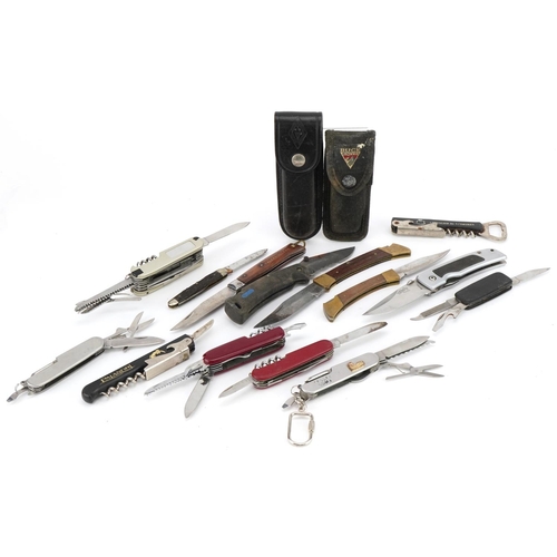 1491 - Collection of folding pocket knives and multi tools including Swiss Army style