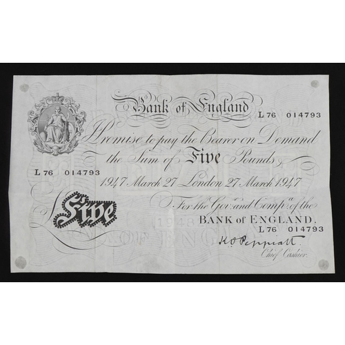 850 - Bank of England 1947 white five pound note, Chief Cashier K O Peppiatt, serial number L76 014793