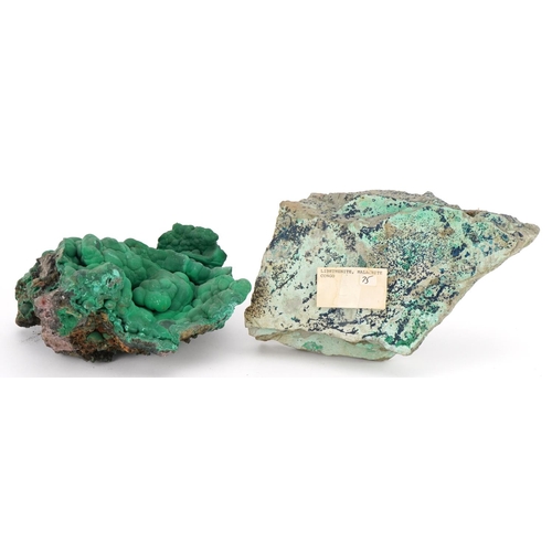 251 - Two large geology interest natural history green malachite specimens, the largest 28cm wide