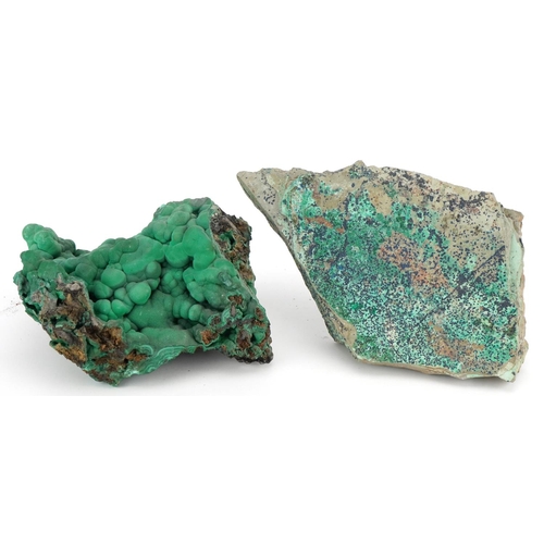 251 - Two large geology interest natural history green malachite specimens, the largest 28cm wide