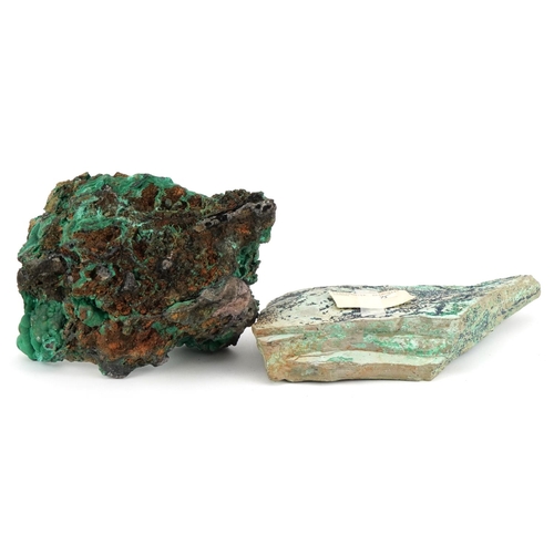 251 - Two large geology interest natural history green malachite specimens, the largest 28cm wide