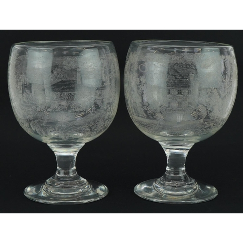 1575 - Pair of antique glass pedestal vases etched with a Georgian house and cottage, each 21.5cm high