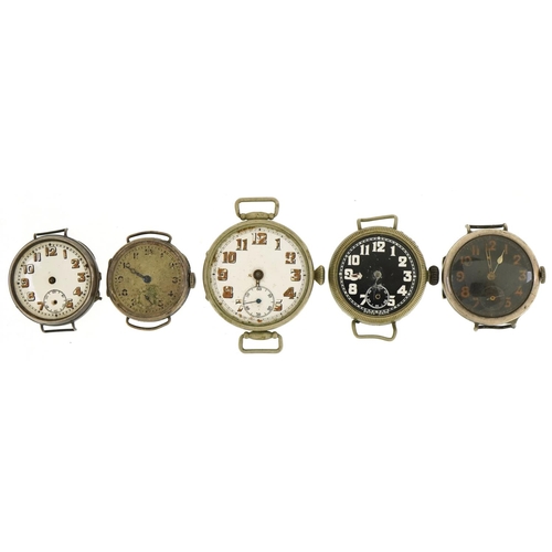 617 - Five military interest trench style wristwatches, two silver, one engraved 24716 R, the largest 37mm... 