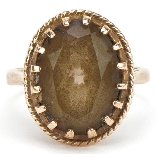 2066 - 9ct gold smoky quartz ring, the quartz approximately 13.70mm x 10.50mm x 6.85mm deep, size M, 4.5g