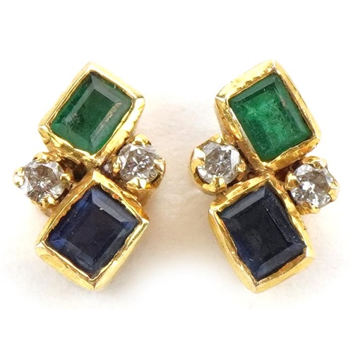 2156 - Pair of unmarked gold multi gem stud earrings set with diamonds, emeralds and sapphires, the backs m... 