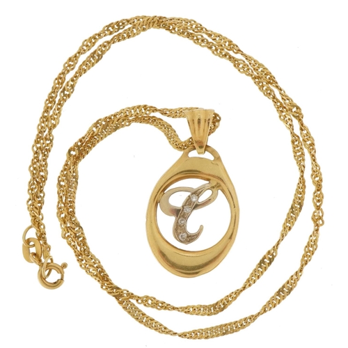 2053 - Oro Nuovo, 18ct gold initial pendant set with clear stones on and 18ct gold necklace, 3cm high and 4... 