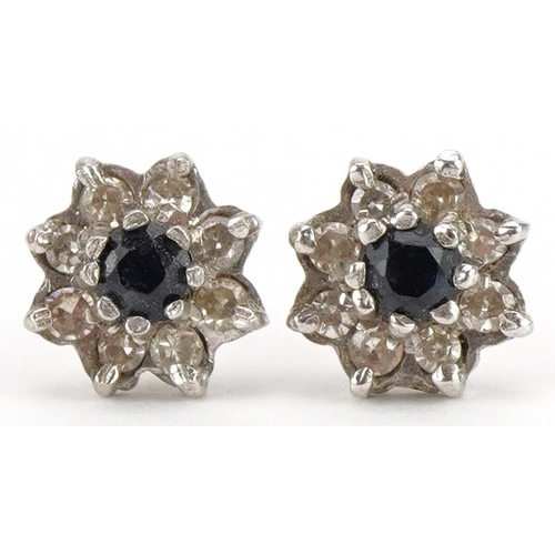 2190 - Pair of 9ct white gold sapphire and diamond flower head earrings, 7.5mm in diameter, 1.3g