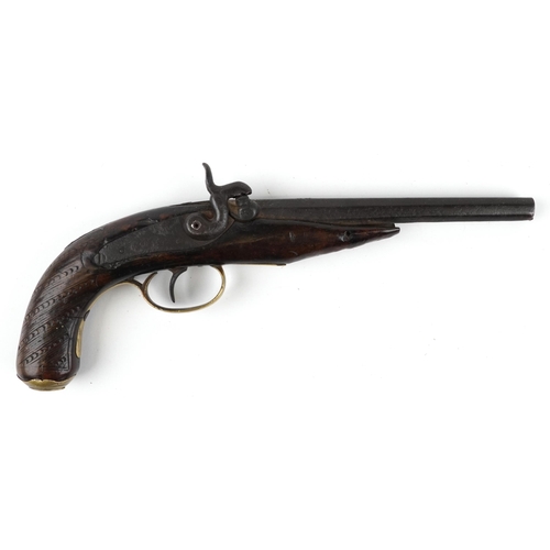 699 - 18th/19th century flintlock pistol converted to percussion with octagonal barrel, 32cm in length