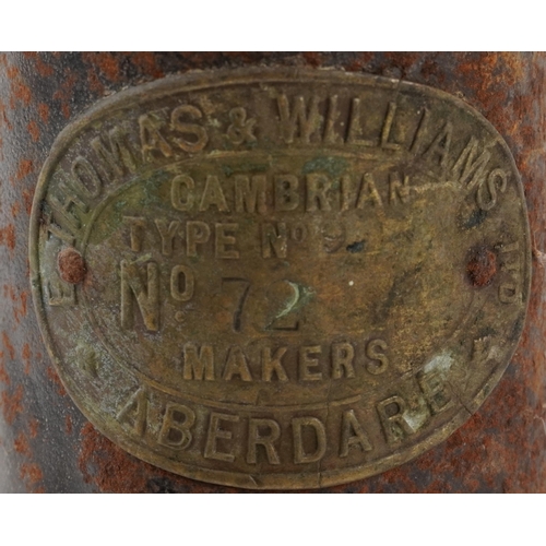 1658 - Early 20th century Thomas & Williams type No 7 miner's lamp with plaque numbered 72, 26.5cm high