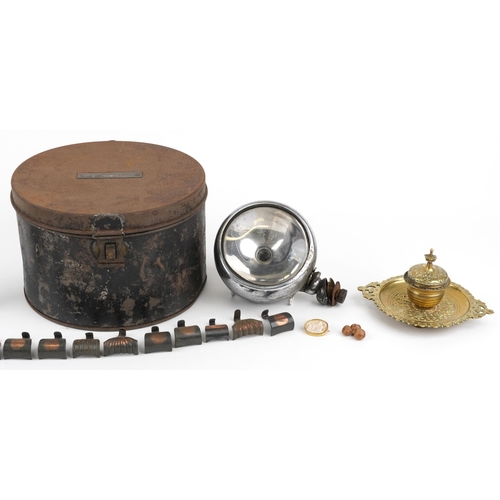 1672 - Sundry items including antique hat tin with plaque impressed T Powell, Victorian brass inkwell with ... 