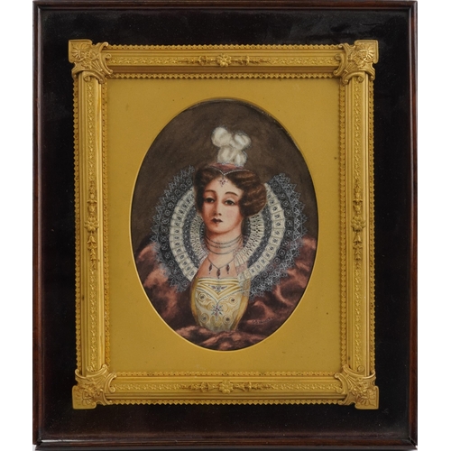 526 - Good 19th century gilt frame housing a watercolour portrait of a female in Elizabethan dress, signed... 