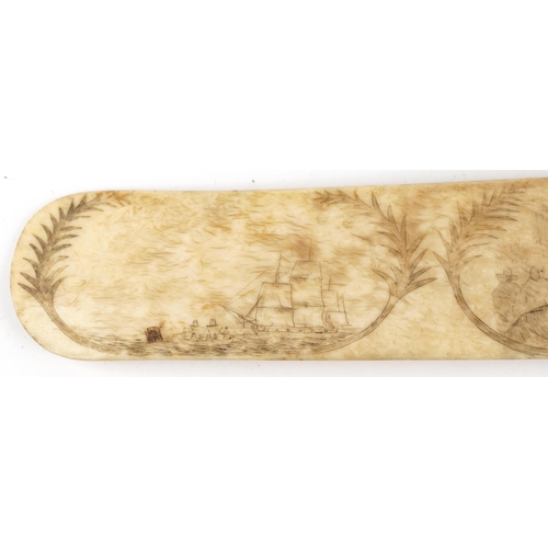 180 - Antique sailor's scrimshaw whale bone page turner carved with figures and rigged ship, 36cm wide