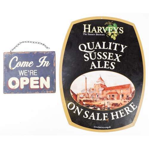 1684 - Harvey's Quality Sussex Ales enamel sign and a Sorry We're Closed sign, the largest 56cm high