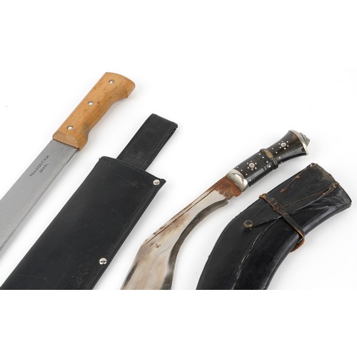 708 - Military interest kukri knife with leather sheath and a Tramontina machete with sheath, the largest ... 