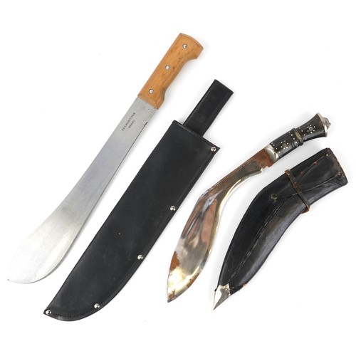 708 - Military interest kukri knife with leather sheath and a Tramontina machete with sheath, the largest ... 