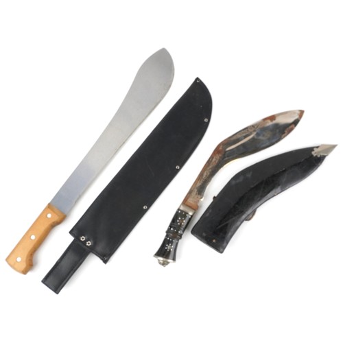 708 - Military interest kukri knife with leather sheath and a Tramontina machete with sheath, the largest ... 