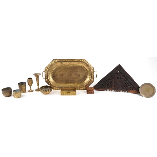 1824 - Islamic and Indian wooden and metalware including a triangular panel carved with a door and flowers ... 