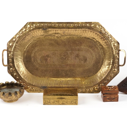 1824 - Islamic and Indian wooden and metalware including a triangular panel carved with a door and flowers ... 