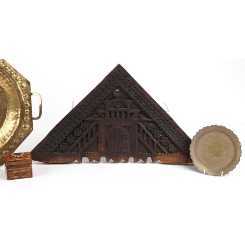 1824 - Islamic and Indian wooden and metalware including a triangular panel carved with a door and flowers ... 