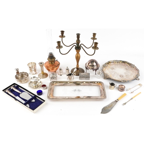 1823 - 19th century and later metalware including a four footed salver, cruet set, engine turned cup with s... 