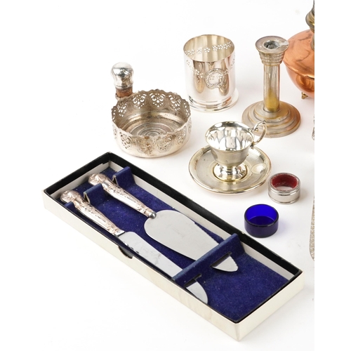 1823 - 19th century and later metalware including a four footed salver, cruet set, engine turned cup with s... 