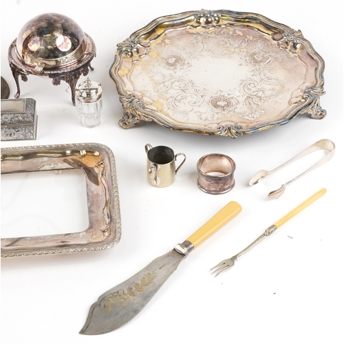 1823 - 19th century and later metalware including a four footed salver, cruet set, engine turned cup with s... 