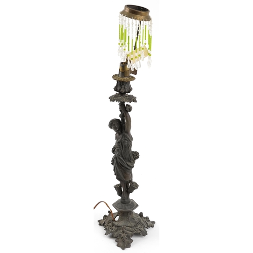 1698 - Classical patinated spelter figural table lamp with glass drops, 53cm high