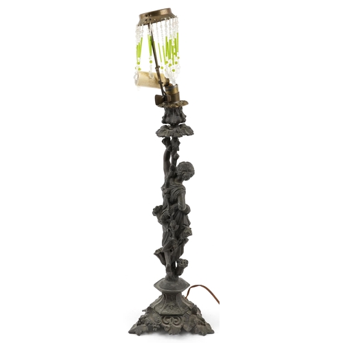 1698 - Classical patinated spelter figural table lamp with glass drops, 53cm high