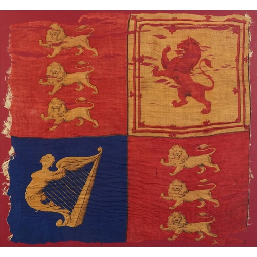 694 - 18th century naval interest Royal Standard silk flag, framed and glazed, 74cm x 69cm excluding the f... 