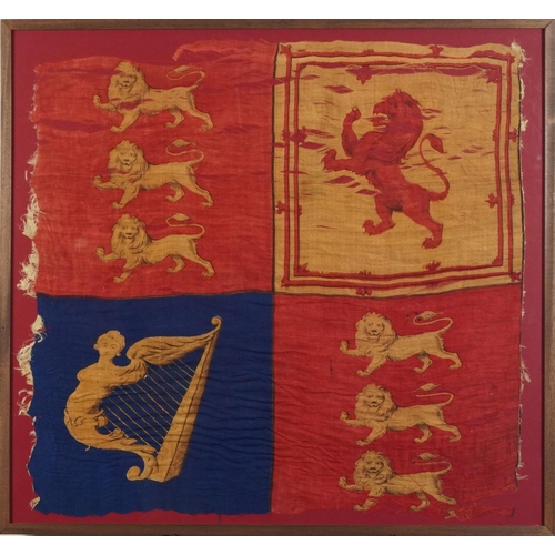 694 - 18th century naval interest Royal Standard silk flag, framed and glazed, 74cm x 69cm excluding the f... 