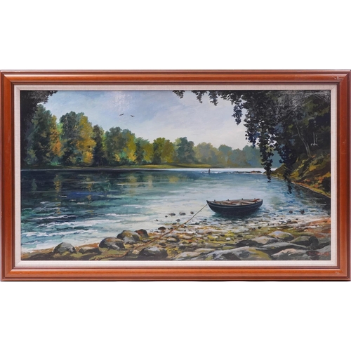 1582 - Torquil J Macleod - Fishing on the River Tay, oil on board, mounted and framed, 110.5cm x 59.5cm exc... 