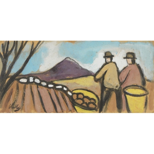 222 - Manner of Markey Robinson - Potato pickers, Irish school watercolour on card, unframed, 42.5cm x 20.... 