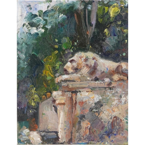 1543 - Garden scene with lion statue, Impressionist oil on canvas board, unframed, 35cm x 27cm