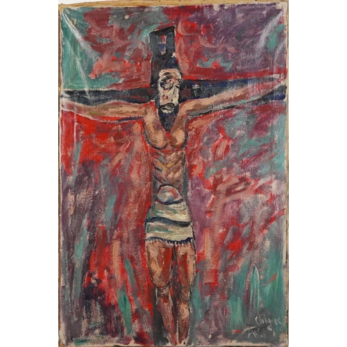 184 - Figure bound to a cross, oil on canvas, unframed, 90cm x 61cm