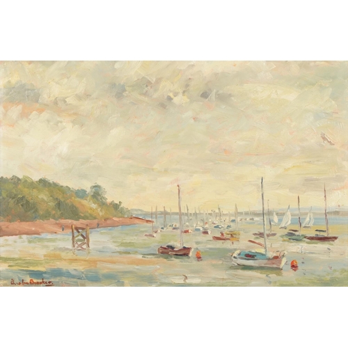 1042 - Coastal scene with boats, oil on board, framed, 59cm x 38.5cm excluding the frame