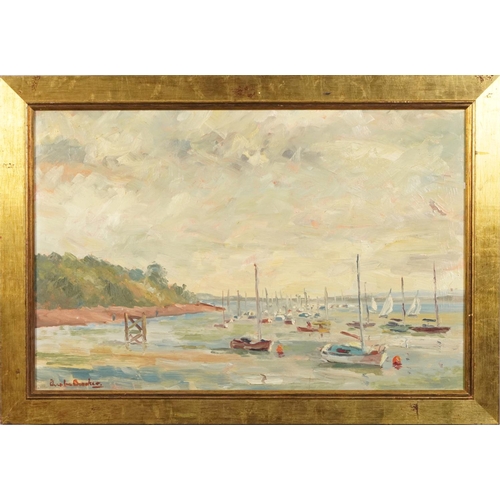 1042 - Coastal scene with boats, oil on board, framed, 59cm x 38.5cm excluding the frame