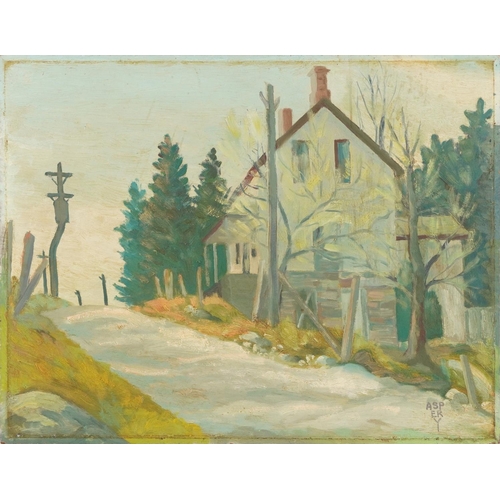 1542 - Aspery - Roadside house, Continental school oil on board, unframed, 35.5cm x 28cm