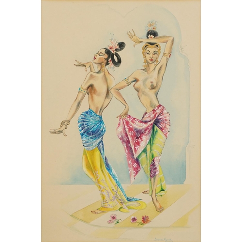 1665 - Barbara Rogers - Balinese dancers, watercolour on card, inscribed label verso, mounted and framed, 4... 