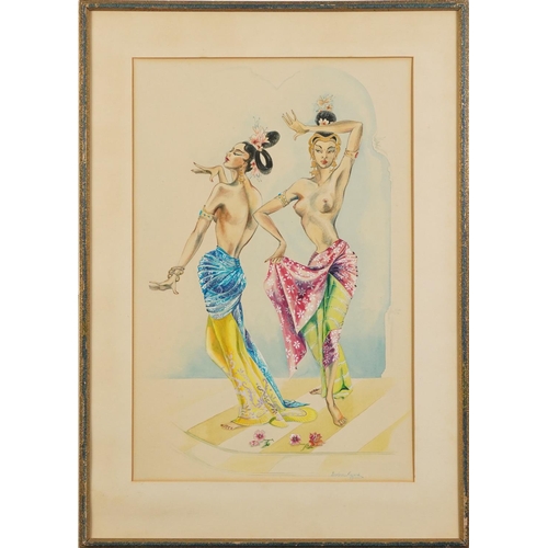 1665 - Barbara Rogers - Balinese dancers, watercolour on card, inscribed label verso, mounted and framed, 4... 