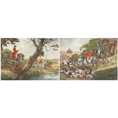 1719 - Foxhunting P5 and P6, two 18th century coloured engravings, unframed, each 29.5cm x 27.5cm