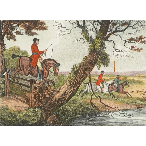 1719 - Foxhunting P5 and P6, two 18th century coloured engravings, unframed, each 29.5cm x 27.5cm