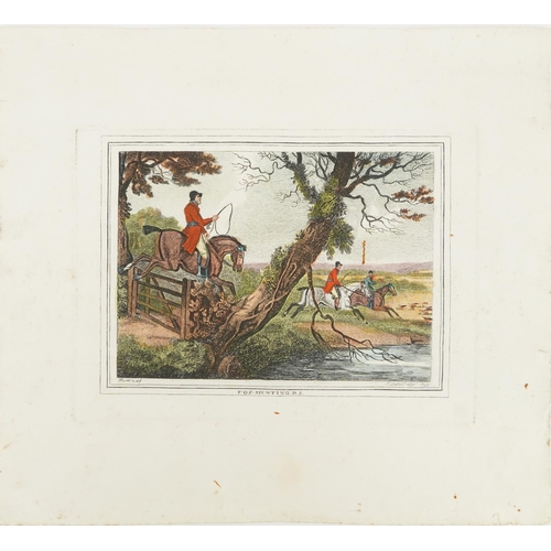 1719 - Foxhunting P5 and P6, two 18th century coloured engravings, unframed, each 29.5cm x 27.5cm